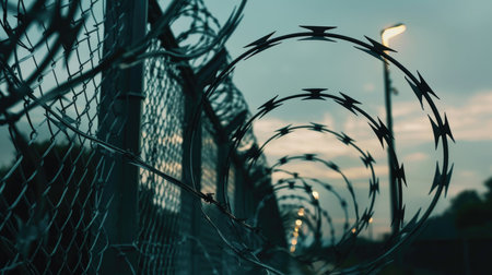 Barbed and razor wire fence. Fencing the state border against immigrationの素材