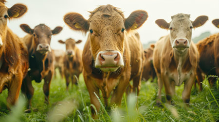 A group of cows with tags in their ears standing in a fieldの素材