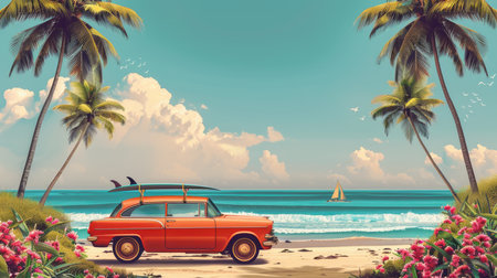 Vintage red car parked on a tropical beach with a surfboard on the roof.の素材