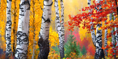 Birch forest in autumn with vibrant red and orange foliage and contrasting white bark.の素材