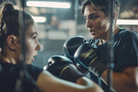 Female boxer in focus, guided by an experienced older male coach in the ring corner.の素材
