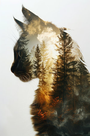 Artistic double exposure of a cat with the overlay of a forest scene in the background.の素材