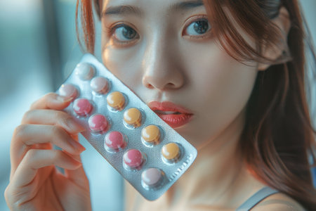 Young woman showing blister pack of colorful pills close to her face indoors.の素材