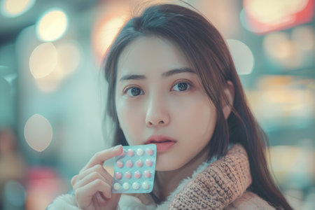 Young woman showing blister pack of colorful pills close to her face indoors.の素材