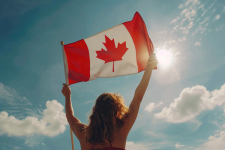 Human hand arm waving Canadian flag against blue sky. Celebrating national Canada Dayの素材