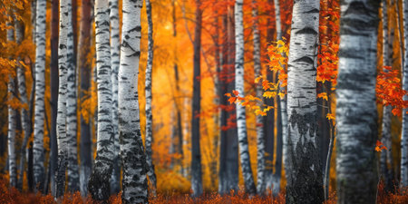 Birch forest in autumn with vibrant red and orange foliage and contrasting white bark.の素材