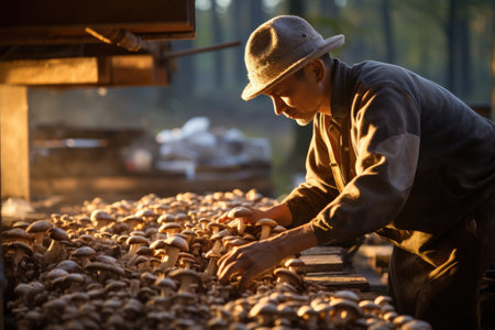 Person harvesting mushrooms in the forest, surrounded by mushrooms and natural setting.の素材