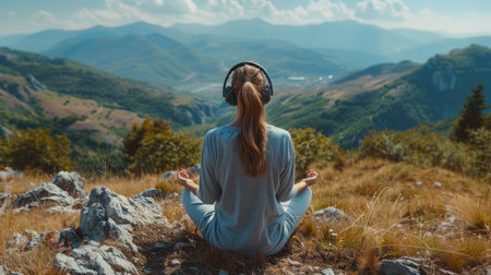 Back view Woman in headphones listening to music in the mountains.の素材