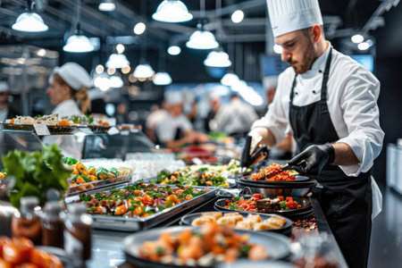 Chef preparing gourmet dishes with various vibrant foods in a modern, industrial kitchenの素材