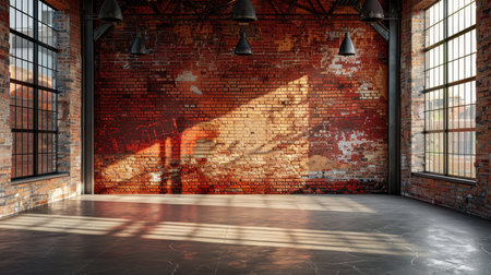 Raw, rustic, industrial loft with large exposed brick wall and bright natural lightingの素材