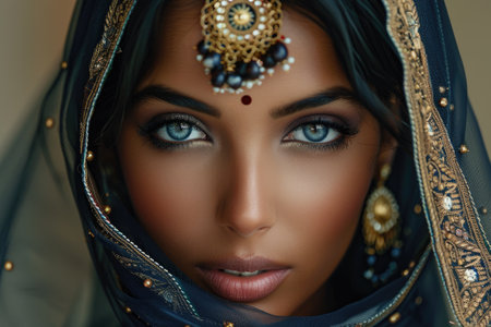 Elegant woman with striking blue eyes in ornate traditional attire with headpieceの素材