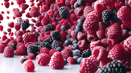 Assortment of frozen berries including raspberries, blackberries and blueberries in a dynamic splashの素材