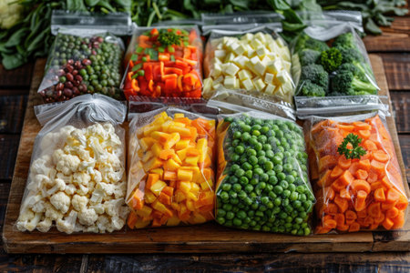 Various fresh vegetables cubed and colorfully arranged in transparent ziplock bags.の素材