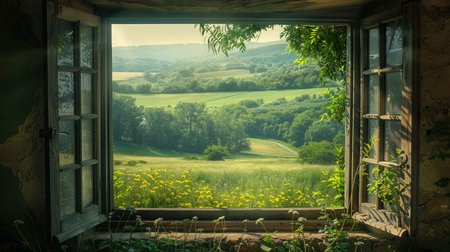 View from the window of the beautiful green landscape.の素材
