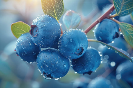 Close-up of blueberries on the branchの素材