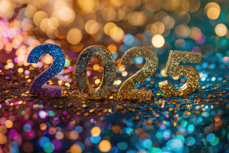 Colorful 2025 glitter with vibrant lights bokeh effects.の素材