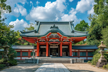 Traditional Japanese temple with colorful roof design.の素材
