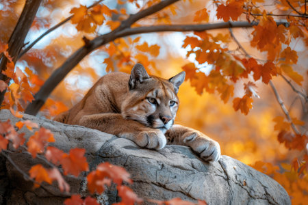 Majestic cougar resting on rocks with autumn leaves.の素材