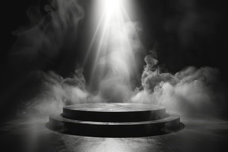 Podium black dark smoke background product platform abstract stage texture fog spotlightの素材