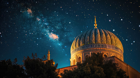 Illuminated mosque dome under a starry night skyの素材