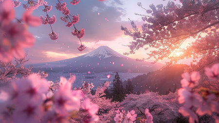 Cherry blossoms and pagoda with Mount Fuji backdropの素材
