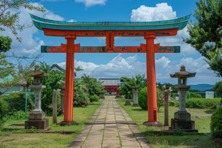 Traditional Japanese temple with colorful roof design.の素材