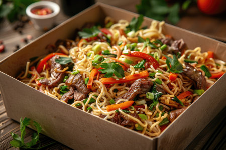 Stir-fry noodles with beef and vegetables in a box.の素材