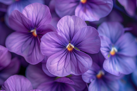 Close-up of vibrant violet flowers with detailed petals and a stunning deep purple hue.の素材