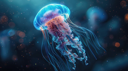 Glowing blue jellyfish underwater emanates tranquil bioluminescent strands in the deep.の素材