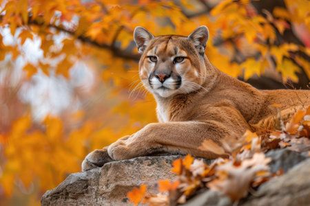 Majestic cougar resting on rocks with autumn leaves.の素材