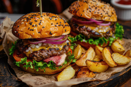 Deliciously staged gourmet burgers with melted cheese and rustic friesの素材