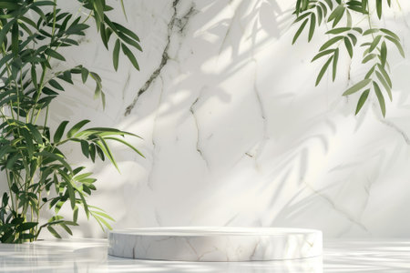 Minimalistic design featuring a round podium with palm tree shadow patterns on a textured wallの素材