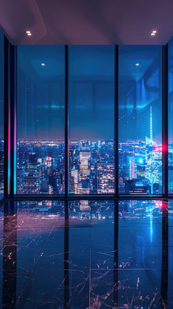 An empty room in a skyscraper and a view of the night city. Beautiful expensive property with a view.の素材