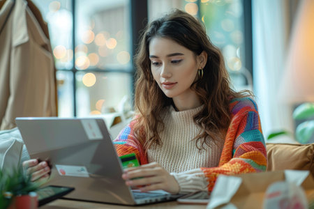 Curly-haired woman using a laptop. Ease of online shopping.の素材