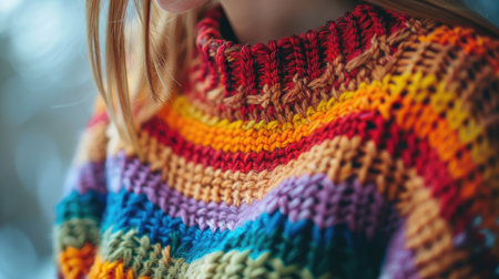 Detailed close-up of multicolored knit patterns on a cozy handmade sweaterの素材