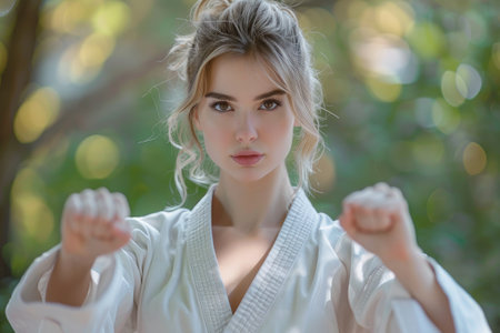 A beautiful woman in a white kimono and a black belt practices karateの素材