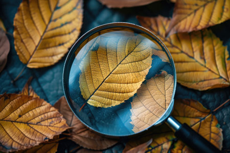 Magnifying glass focusing on the detailed texture of a yellow autumn leaf among other fallen leavesの素材