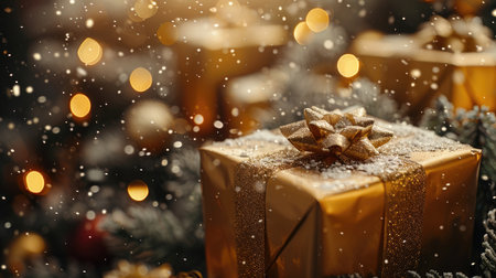 Golden gifts with stylish ribbons for celebrations.の素材