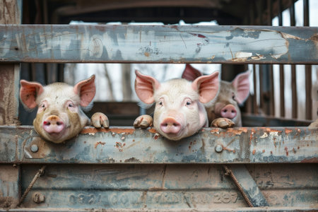 Pigs in truck transport from farm to slaughterhouse. Meat industry. Animal meat market.の素材