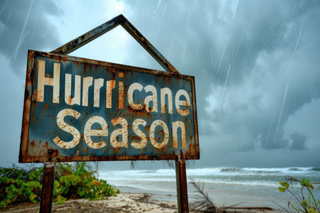 Rusty sign indicating hurricane season with stormy clouds and rain in the background.の素材