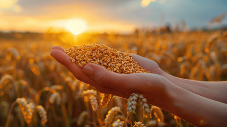 Close-up of a farmer's hand holding golden wheat grains against a sunlit wheat field at sunset.の素材