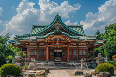 Traditional Japanese temple with colorful roof design.の素材