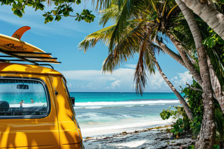A yellow van with surfboards parked on a tropical beach under palm trees.の素材