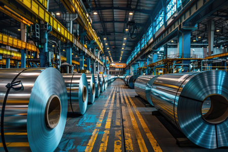 Interior of large industrial steel manufacturing plant with machinery and coils.の素材