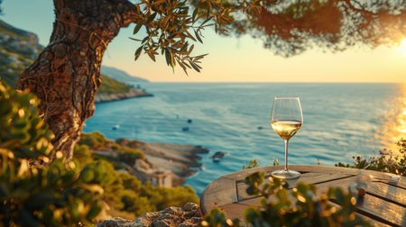 A serene scene with a glass of white wine on a table overlooking the Mediterranean Sea framed by an olive treeの素材