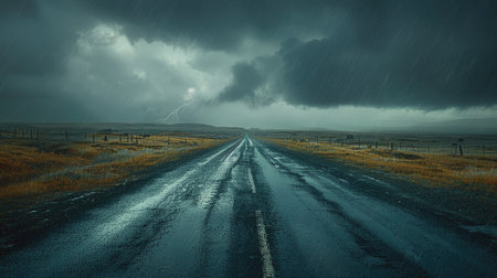 Dramatic thunderstorm over an empty road, showcasing nature's power and beauty.の素材