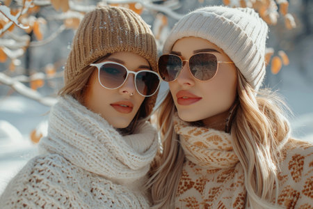 Two women in winter attire posing outdoors in snowの素材