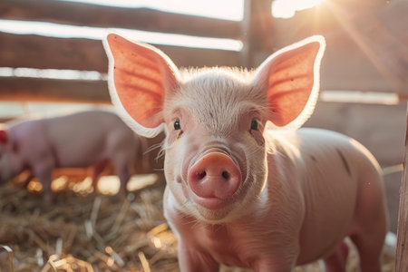 Cute piglet in farm. Happy and healthy little pig. Livestock farming.の素材