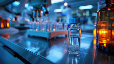A glowing vial in a modern laboratory during an experimentの素材