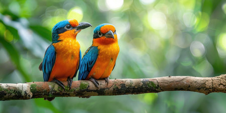 Tropical birds sitting on a tree branch in the rainforestの素材